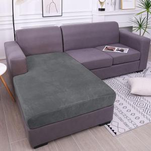 hyha Velvet Couch Cushion Covers, Stretch Chaise Lounge Sectional Couch Seat Covers L Shape for Sectional Sofa, Soft Sofa Cushion Slipcover Washable with Elastic Bottom, Chaise, Grey