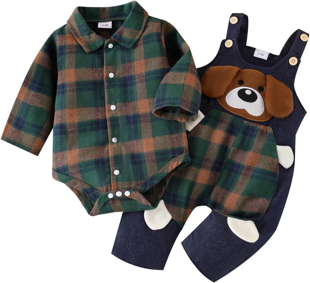 Baby Boy Clothes Infant Outfits Long Sleeve Plaid Bodysuit Romper + Jeans Overalls Jumpsuit Pants Sets (12-18 Months, Green)