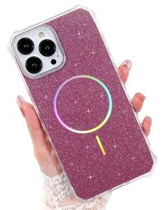 UGENINO Compatible with iPhone 15 Pro Max Case Magnetic Glitter iPhone 15 Pro Max Phone Case 6.7" with Curly Wavy Frame Design [Bling & Cute][Compatible with Mag-Safe],Hot Pink