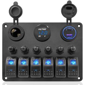 Aluminum 6 Gang Marine Rocker Switch Panel Waterproof for Boat Circuit Breaker Protected, Digital Voltage Display, PD QC3.0 USB Port,12V DC Power Socket for Trailer Bus Car Truck RV Vehicles Yacht