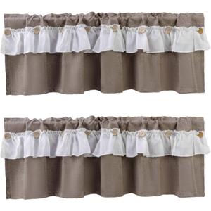 2 Pack Ruffle Burlap Window Valances Ruffled Shabby Chic Kitchen Valances Curtains Farmhouse Rustic Button Window Treatment Decor Rod Pocket Valances for Kitchen/Living Room 16" X 56" (Brown)