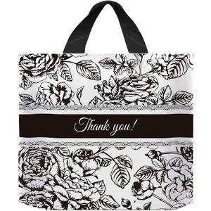 50 Count 9.8" x 11.8" Plastic Thank You Merchandise Bags, Shopping Retail Bags with Handles - Black Flower 