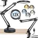 12X Large Magnifying Glass with Light and Stand, Lighted Magnifying Glass with 5 Color Modes 10 Dimmable Brightness, Magnifier with Light Hands Free Desk Lamp with Clamp for Reading Repair Close Work