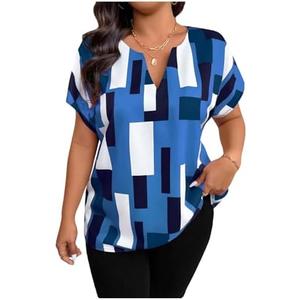 SOLY HUX Women's Plus Size Color Block Shirt Blouse Short Sleeve Notched V Neck Summer Tops 3XL
