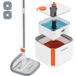 Mop and Bucket Set, Spin Mop with Self Seperates Dirty Water System, Square Mops for Floor Cleaning, 360 Rotating Foldable Standing Mop Head, Versatile Mops for Walls (Mop Bucket with 2 Pads)