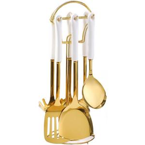 Ceramic Handle Stainless Steel Kitchenware Cooking Utensils 7 Pcs with Hanging Shelf Anti Scalding Cooking Sets Light Luxury Kitchenware Sets (White)