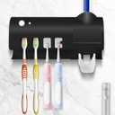 Hanging toothbrush holder and space saving toothpaste dispenser. This convenient organizer neatly stores toothbrushes and toothpaste together, ensuring safe and secure use for the whole family (Black)