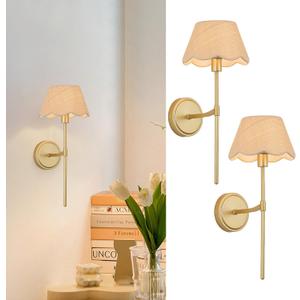 Boho Wall Sconces Set of Two, Gold Hardwired Vintage Wall Lamps with Rattan-Pattern Fabric Shade, Rustic Wall Light Fixtures for Bedroom Living Room Restaurant Hallway
