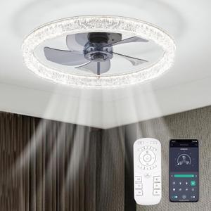 Ceiling Fans with Lights, Flush Mount Ceiling Fans with Light, 3000K-6500K Dimmable Fandelier Ceiling Fan Lamp, 5 Blades Low Profile Ceiling Fan with Lights and Remote for Bedroom, Kitchen (20 inch, Black)