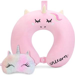 Kids Neck Pillow, Unicorn Kids Travel Neck Pillow for Traveling with Eye Mask, Toddler Travel Essentials for Road Trip Airplane Car Seat, Cute Headrest Memory Foam Pillows for Girl Gift (Pink)