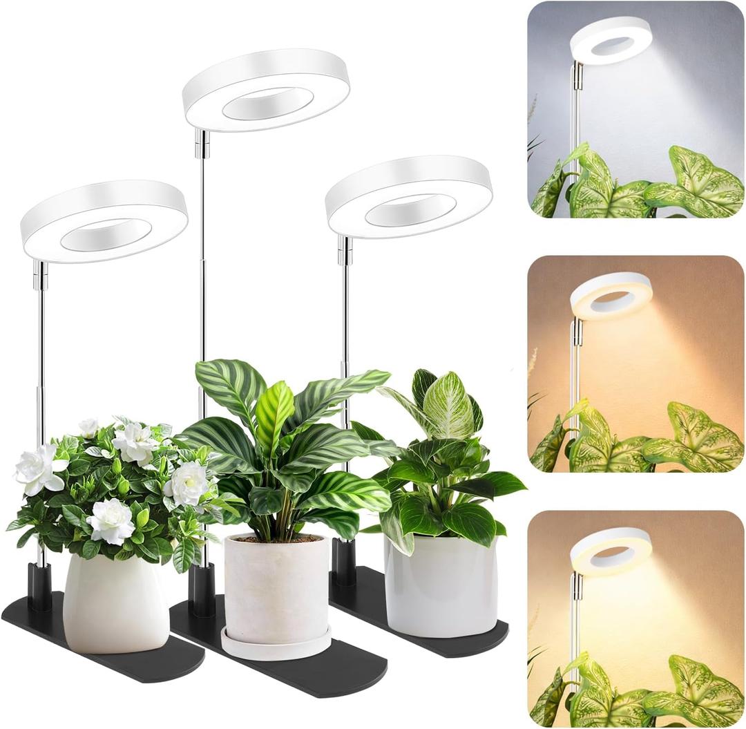 LBW Grow Light for Indoor Plants, Height Adjustable Plant Grow Lamp with Auto On/Off Timer 6/8/12/16H, 3 Colors,5 Dimmable Brightness, for Small Plants, White, 3 Packs