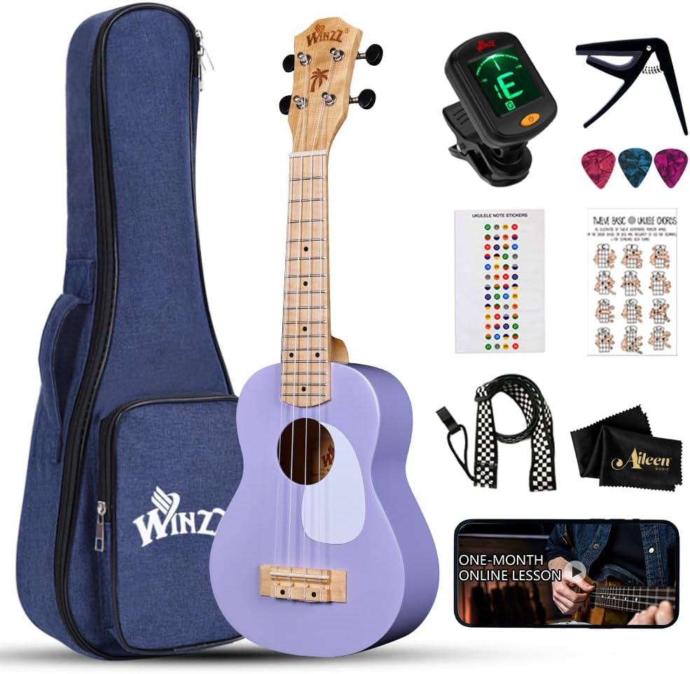 WINZZ Soprano Ukulele for Beginners, 21 Inch Hawaiian Wood Ukelele Kit for Kids Adult Student Starter, Professional Uke Pack Bundle w/Free Lessons, Case, Pickguard, Capo, Strap, Picks, Purple
