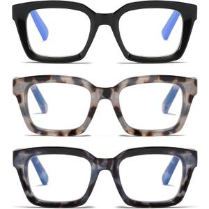 3 Pack Oversize Square Design Reading Glasses for Women, Blue Light Blocking Computer Reader