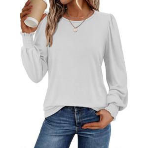 ATHMILE Fall Long Sleeve Shirts for Women Business Casual Crewneck Tops Dressy Blouses with Smocked Cuffs Teacher Outfits (XXL)