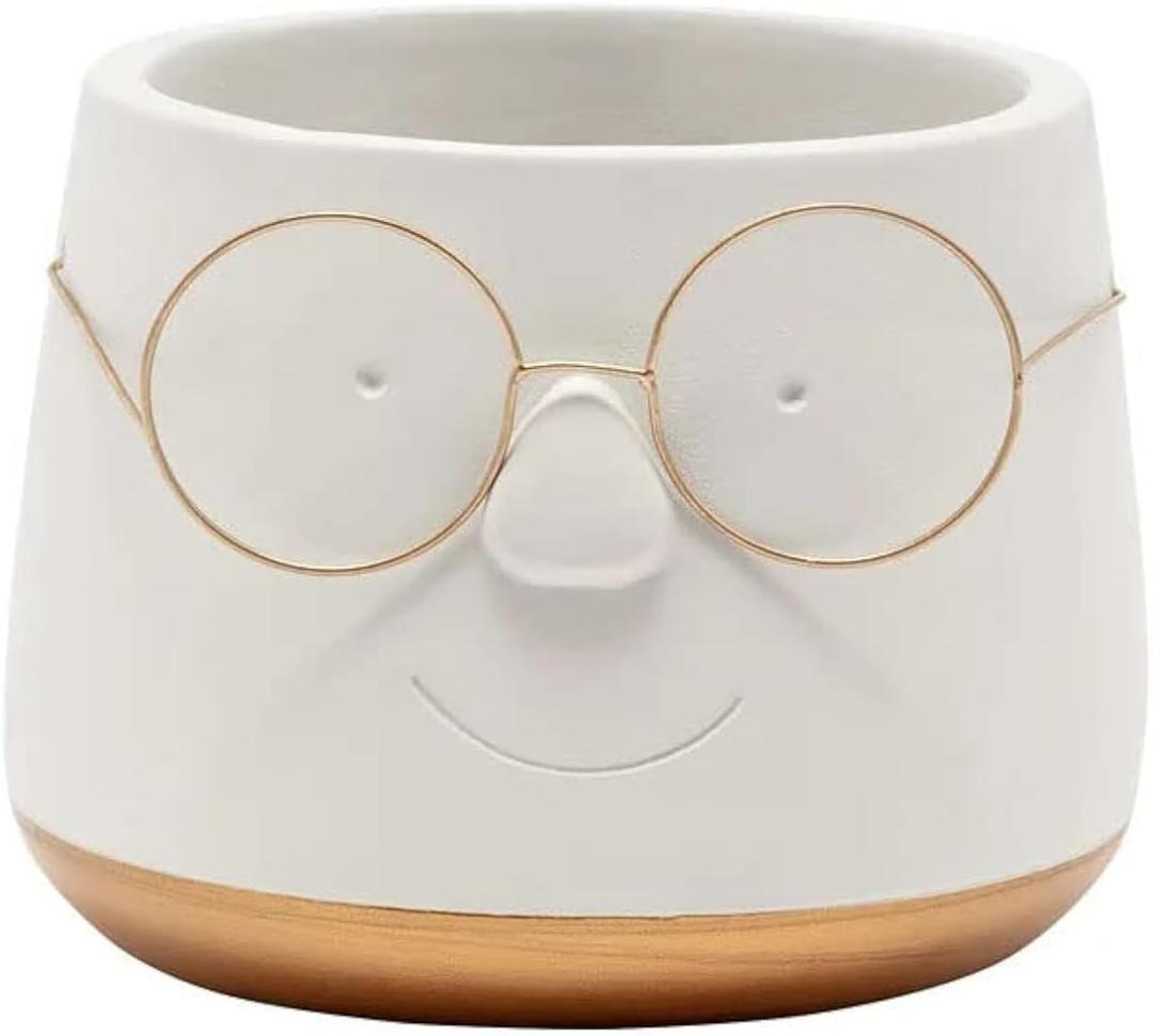Napco Gold Bottom Face with Glasses White 4.5 x 4.75 Concrete Indoor Planter Pot