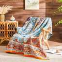 Boho Throw Blanket 100% Cotton Muslin Woven Blanket Bohemian Bed Throws Vintage Rustic Farmhouse Decor Reversible Bed Blanket Quilt for All Seasons（Yellow 50"x60"）