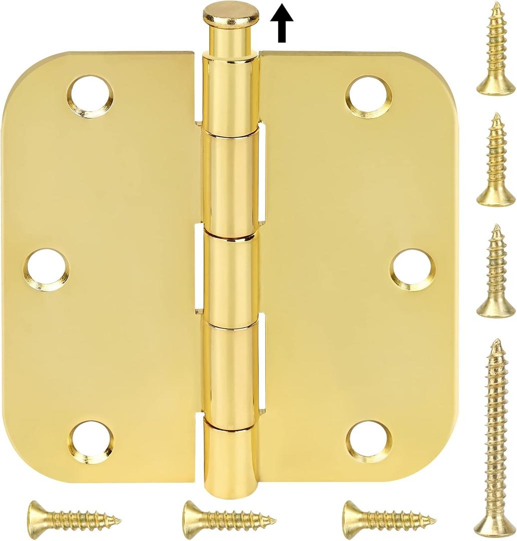 TICONN 18-Pack 3.5 Inch Door Hinges with Removable Pin, 3-1/2 x 3-1/2 Inch Iron Bifold Residential Doors Hardware (5/8" Radius Corner, Polished Brass, 18 Pack)