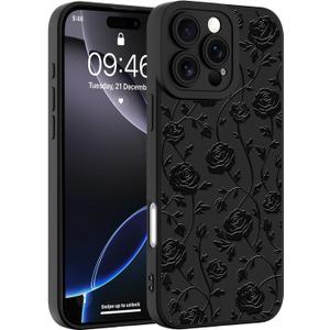 Designed for iPhone 16 Pro Max Case, Cute Rose Flower Floral Pattern Design, Slim Soft TPU Liquid Silicone Protective Cover for Women Girls - Black