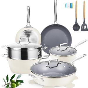 PekGema 16 Pcs Ceramic Cookware Sets, Pots and Pans Set Nonstick, Non Toxic Healthy Non stick Kitchen Cooking Set, PFAS PTFE PFOA FREE, Stay-Cool Handle,Dishwasher-Friendly,Oven-Safe