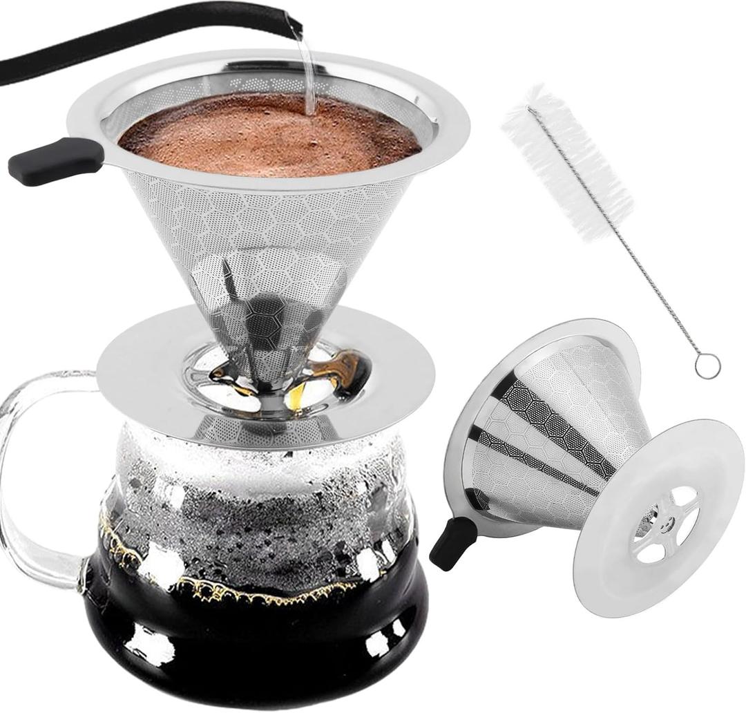 Pour Over Coffee Dripper, Double Mesh Coffee Filte-r Paperless Coffe-e Strainer Reusable Coffe-e Maker Dripper with Stand and Cleaning Brush(COLOR:Silver)