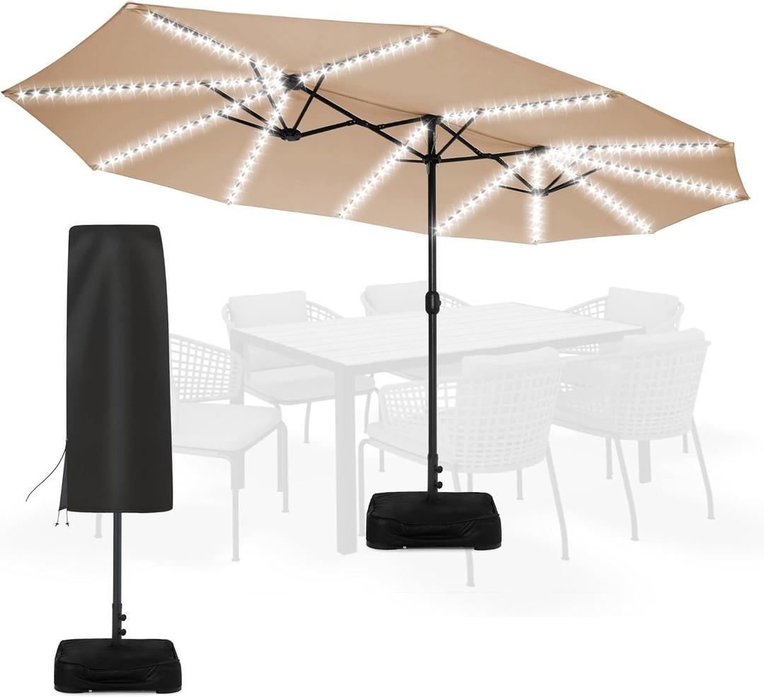 Sundale Outdoor Solar 15 ft 144 LED Olefin 5-Year-Non-Fading Patio Umbrella with Sandbag Base Included and Cover, Outdoor Double-Sided Umbrella (Tan)