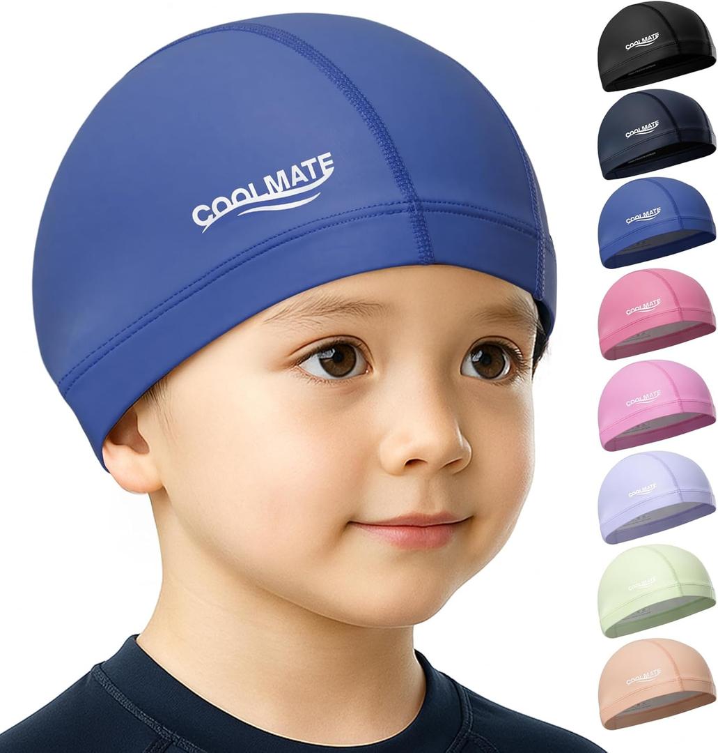 COOLMATE Fabric Swim Cap for Adult Women Men Kid 3 4 6 8 14 16, Silicone Water Resistant Layer, Cloth Swim Cap Gifts for Swimmers, Lightweight for Pool, Lap Swimming (1 pc) (Dark Blue, XS)