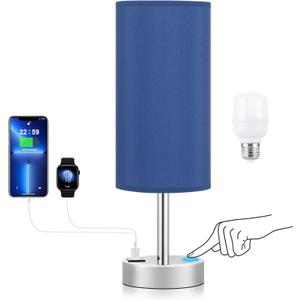 Dicoool Navy Blue Touch Lamp for Boys - Small Nightstand Lamp with USB-C and USB Charging Ports, 3 Way Dimmable Bedside Table Lamp with Fabric Shade Silver Base for Nursery, Dorm, Office, Reading