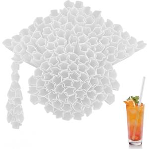 50 Pcs Graduation Cap Shaped Straws Disposable Plastic Drinking Straw Grad Caps Straw for Graduation Beverage Cocktail 2026 Congrats Grad Party Supplies (White)