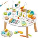 Giant bean Wooden Activity Table for 1 Year Old, 11-in-1 Montessori Learning Table with Bead Maze, Shape Sorter, Fishing, Storage Bag & More Sensory Development Toy for Toddlers, 1st Birthday Gift