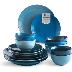 Sango Siterra Artist's Blend 16-Piece Stoneware Dinnerware Set  Service for 4, Ocean Blue Glossy Glaze with Unique Speckled Design, for Everyday Dining & Entertainment, Microwave & Dishwasher Safe