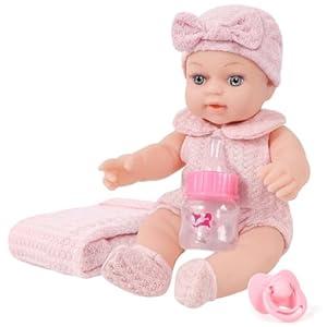 DOTVOSY 12 inch Realistic Adoption Girl Baby Doll Playset with Knit Clothes and Accessories Includes Pacifier,Blanket,Feeding Bottle and Other Stuff