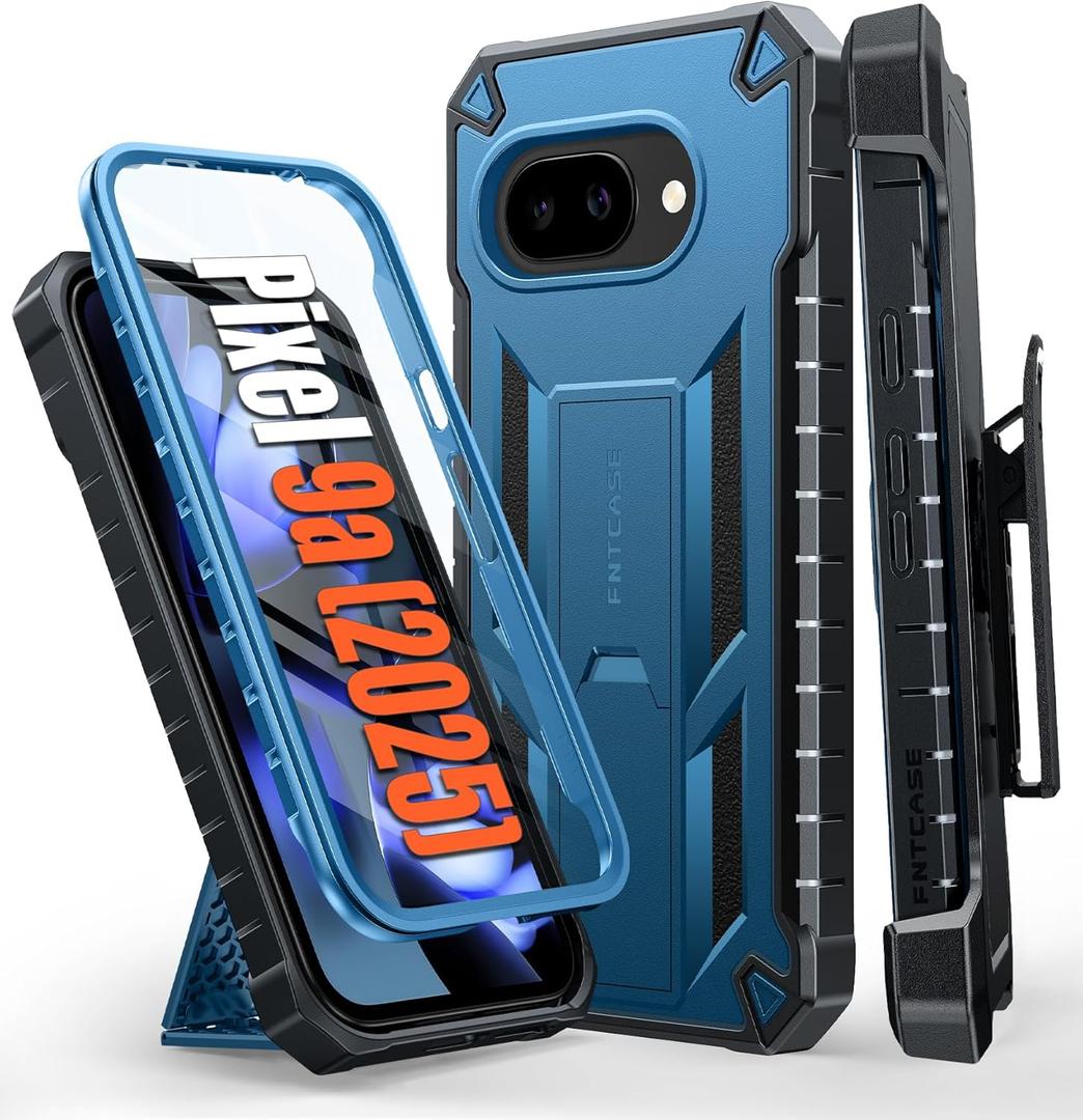 FNTCASE for Google Pixel 9A Case: Military Grade Rugged Cell Phone Cover with Kickstand & Belt Clip Holster | Shockproof TPU Protection Bumper Matte Textured Design | Heavy Duty Protector(Blue)