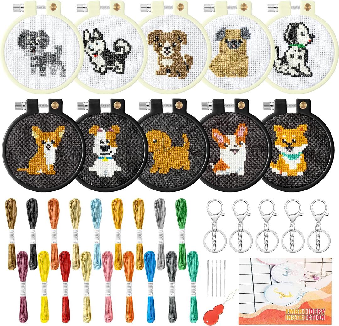 WATINC 10Pcs Embroidery Kit for Kids Stamped Cross Stitch, DIY Key Chain with Puppy Patterns Needlepoint Starter Kits, Craft Supplies for Beginners Children Adults Schoolbag Charms Ornaments (Multicolor)