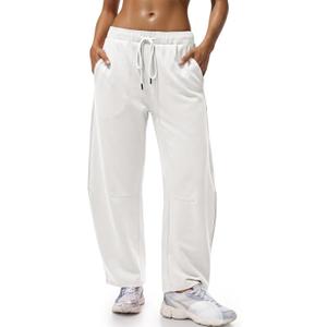 Fisoew Womens Wide Leg Sweatpants Baggy Drawstring Elastic Waisted Travel Track Pants Color Block Joggers with Pockets White, XL