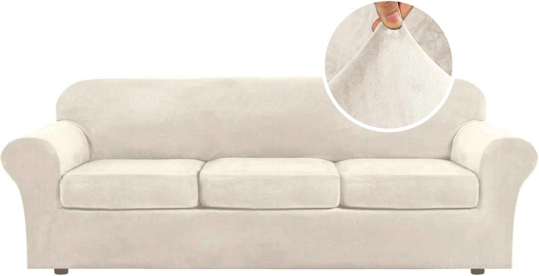 H.VERSAILTEX Modern Velvet Plush 4 Piece High Stretch Sofa Slipcover Furniture Protector Form Fit Luxury Thick Velvet Extra Large Sofa Cover for 3 Cushion Couch Width Up to 97 Inch(XL Sofa, Ivory)