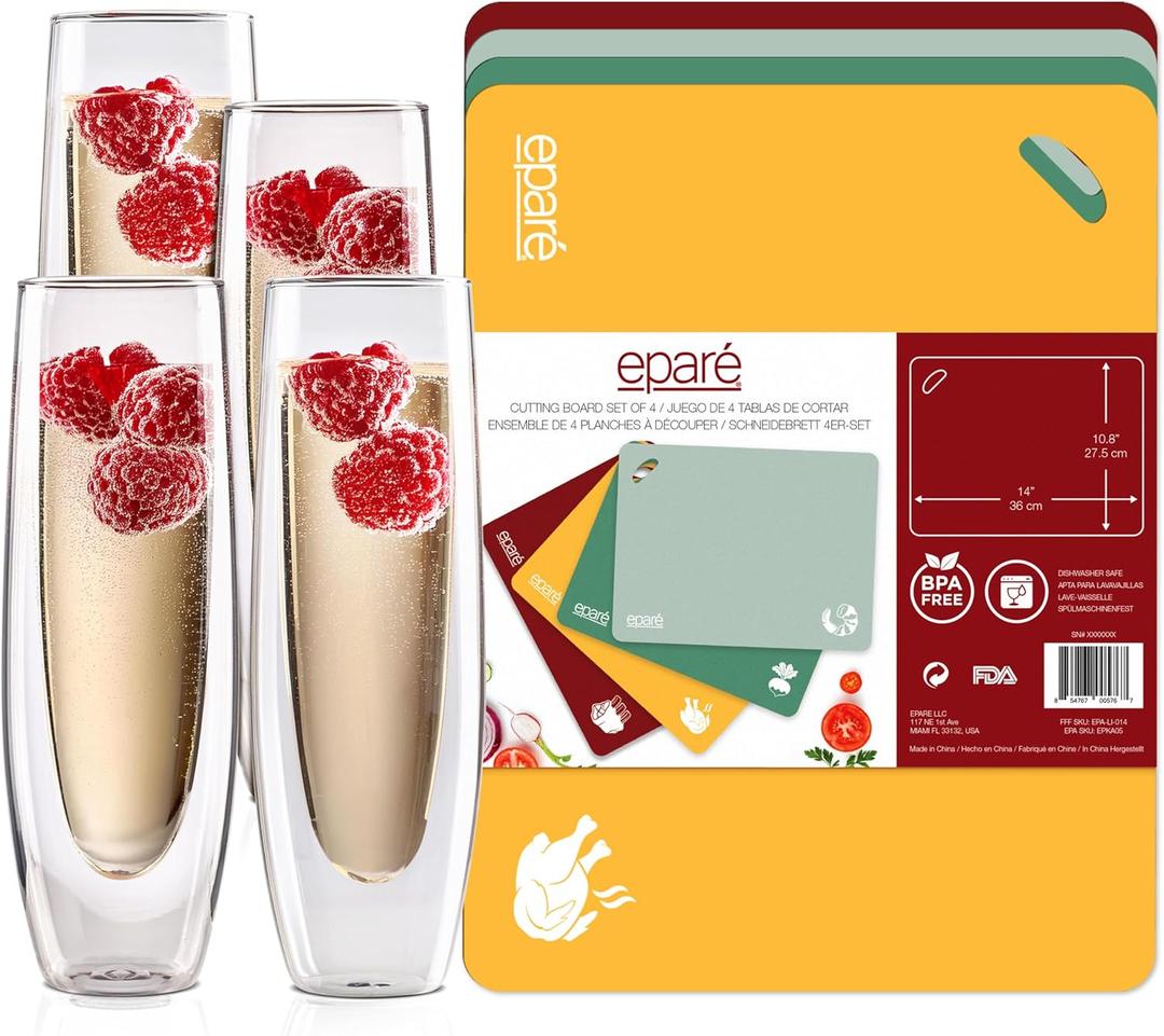 Epar Bundle: Double Walled Mimosa Glasses & Flexible Plastic Cutting Boards for Kitchen - Set of 4 Stemless Champagne Flutes Glass & Set of 4 Large Chopping Mats for Cooking