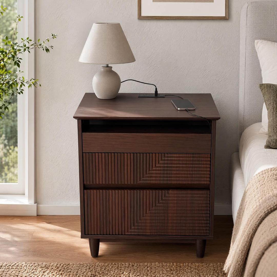 Nightstand with Charging Station, 3 Drawers Fluted Bedside Table, USB Ports Outlets, Mid Century Modern End Table, 1 Small and 2 Large Drawers, Natural Oak 、Walnut Finish (Walnut)