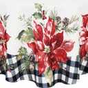 Newbridge Poinsettia Festivity Gingham Bordered Christmas Fabric Tablecloth, Holiday Red Poinsettia & Holly Print, Easy Care Stain Release, 60 x 84 Inch Oval (Multi Color)