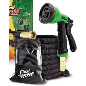 Flexi Hose PLUS with 8 Function Nozzle Expandable Garden Hose, Lightweight & NoKink Flexible Garden Hose, 3/4 inch Solid Brass Fittings and Double Latex Core, 75 ft Black