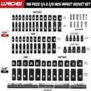 LLNDEI 1/4 & 3/8 Inch Drive Impact Socket Set, 186 Pieces Metric and Standard Full Sockets, CR-V Deep & Shallow Sockets Tool Set with Ratchet Wrench Handle, Spark Plug Socket, Bits for Mechanic