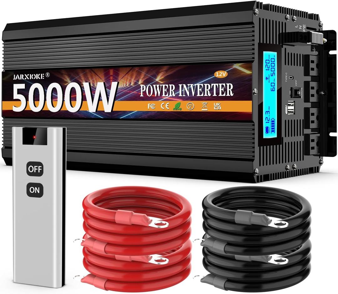 5000 Watt Power Inverter 12V DC to 110V 120V Converter for Family RV Off Grid Solar System Car with Type-C Ports 3 AC Power Outlets Dual USB Ports LCD Display Wireless Remote Control (5000w)