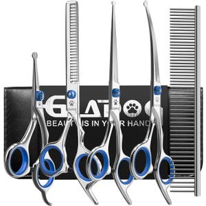 Dog Grooming Scissors Kit with Safety Round Tips, GLADOG Professional 6 in 1 Grooming Scissors for Dogs, Sharp and Heavy-duty Dog Grooming Shears for Dogs Cats Pets