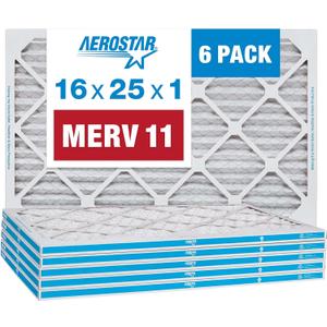 Aerostar 16x25x1 Air Filter MERV 11 (For Allergies, Dust, Lint, Mold, Pet Dander, Smoke & Smog) - Electrostatic MPR 1000 - 1200 & FPR 7 - Pleated HVAC AC Furnace Air Filters - Pack of 6