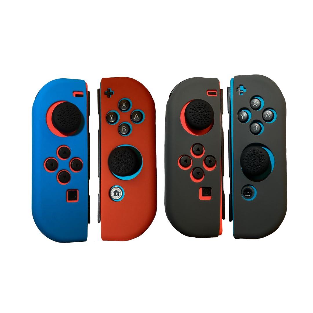 4 Pack of Rubber Grips for Nintendo Switch Joy-Con Controllers (Dark Grey/Blue & Red)