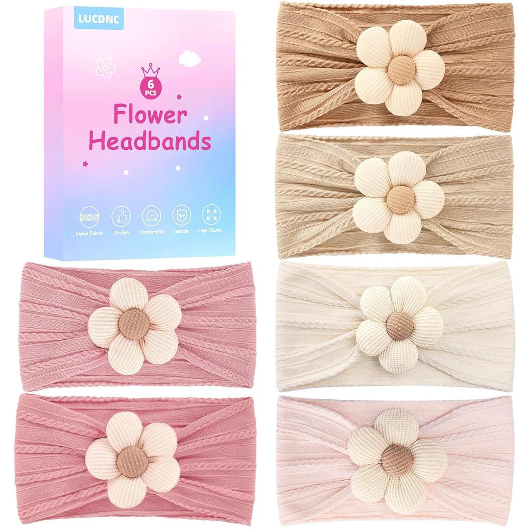 lucdnc 6 Pcs Baby Girls' Headbands Gifts for Newborn Infant Toddler Handmade Soft Comfortable Elasticity Nylon Baby Flower Hairbands Essentials Accessories
