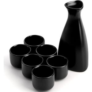 Tosnail 7 Pieces Ceramic Japanese Sake Set, 1 Serving Carafe and 6 Cups - Black
