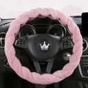 Luxury Fluffy Winter Car Steering Wheel Cover for Women Soft Warm Plush Cute Auto Accessories for Vehicle, Sedan, Universal, Fuzzy, Anti Slip, Pink, 14in, Standard Size 14.5-15"(37-38cm)