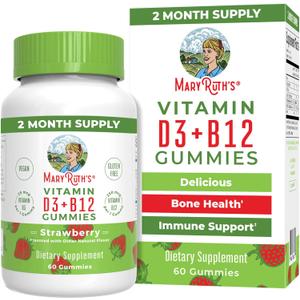 MaryRuth Organics Vegan Vitamin D3 + Vitamin B12 Gummies | 2 Month Supply | Supports Bone Health | Immune Support Supplement | Energy Supplements | Methyl B12 Vegan Non-GMO Gluten Free | 60 Servings