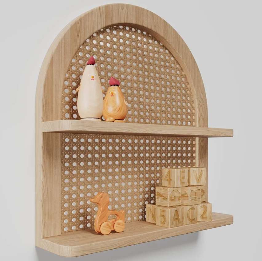 2 Tier Fan-shaped Rattan Wall Shelf, Nursery Shelf for Wall Storage, Natural Pine Wood Wicker Wall Shelf, Boho Shelf for Natural Nursery Decor, Decorative Shelf for Living Room, Bedroom & Bathroom