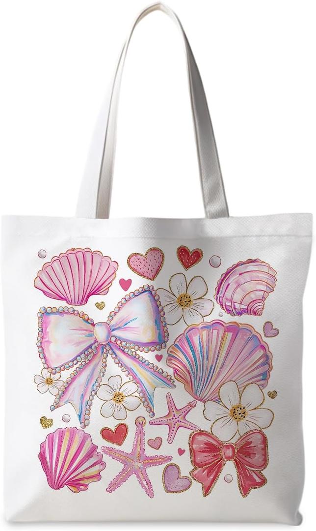 Coastal Seashell Tote Bag, Pink Seashell Pearl Canvas Tote Bags for Women, Girly Coastal Ocean Gift for Woman, Beach Summer Reusable Grocery Shopping Bags